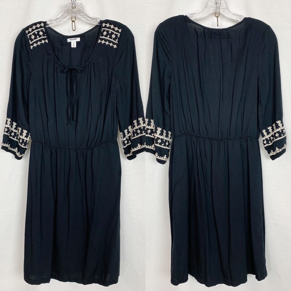 Old Navy Black with White Embroidered Detail Dress